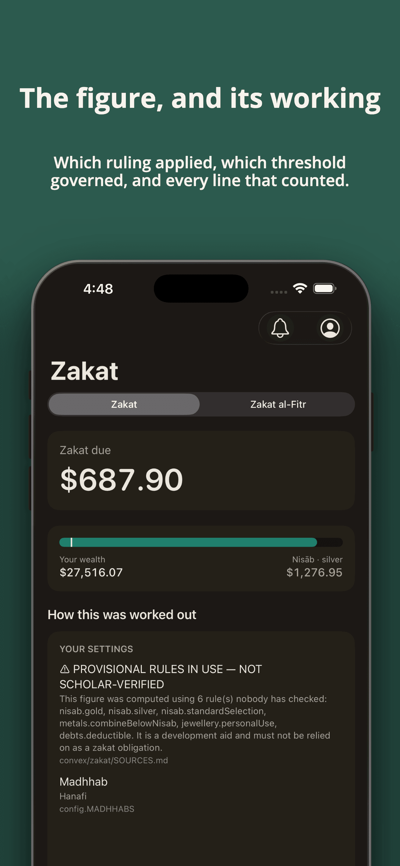 天课（Zakat）界面，显示应缴金额、起征额门槛与完整推算过程。